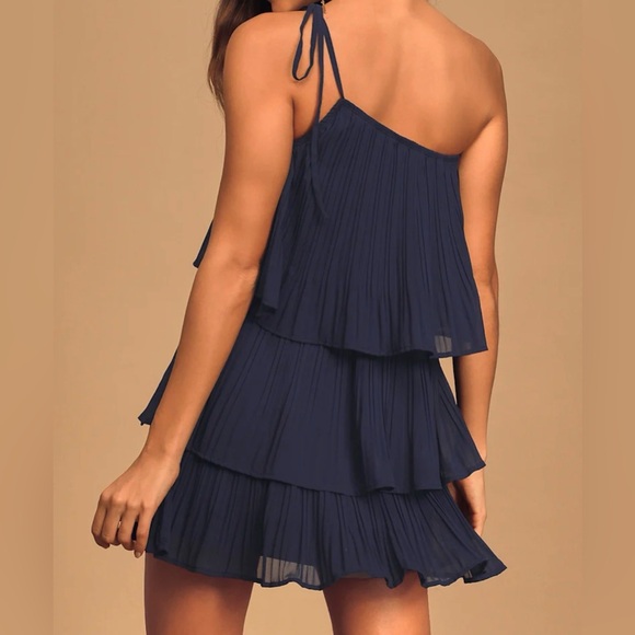New with Tags Lulu’s Elegant Navy Blue One-Shoulder Dress - Picture 2 of 5